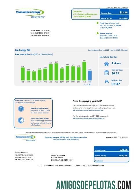 Em branco modelo de conta de serviços públicos de energia para consumidores dos EUA Michigan em formatos Word e PDF